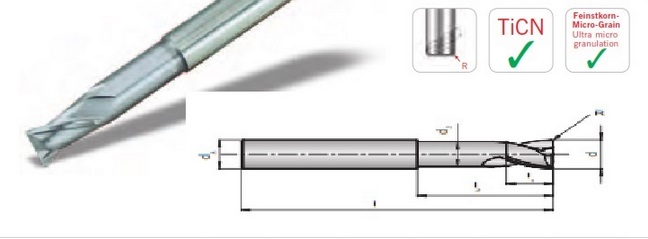 Dao phay ngón hợp kim loại EndMill có R, đướng kính cắt D4.0 đến D20.0 lớp phủ TiCN Cắt cho vật liệu nhôm và no-ferrous