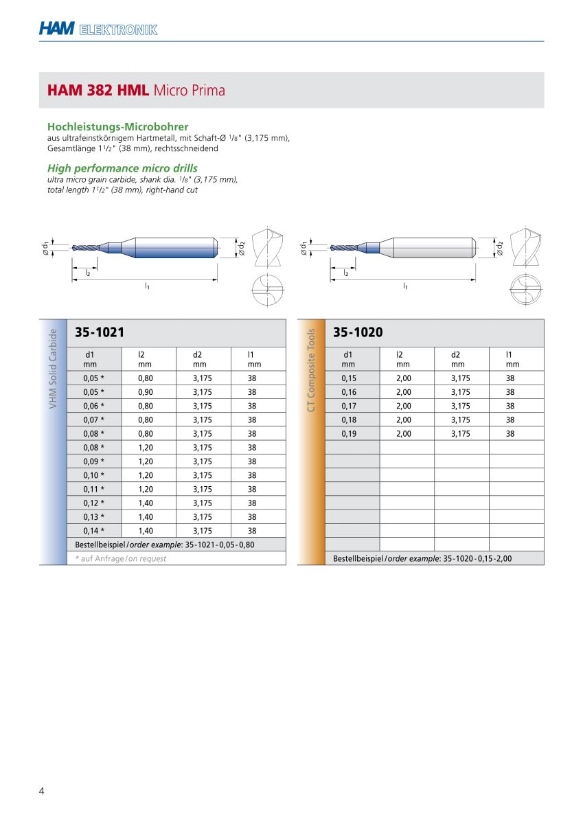 Mũi khoan bo (bãn) mạch điện tử đường kính từ 0,05 đến 1,90 với bội số 0,01 mm