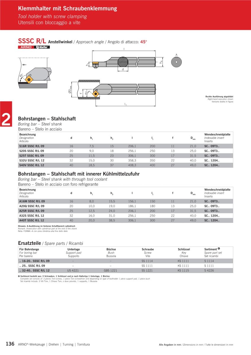 Cán dao tiện trong - SSSC R/L - Góc trước 45 độ
