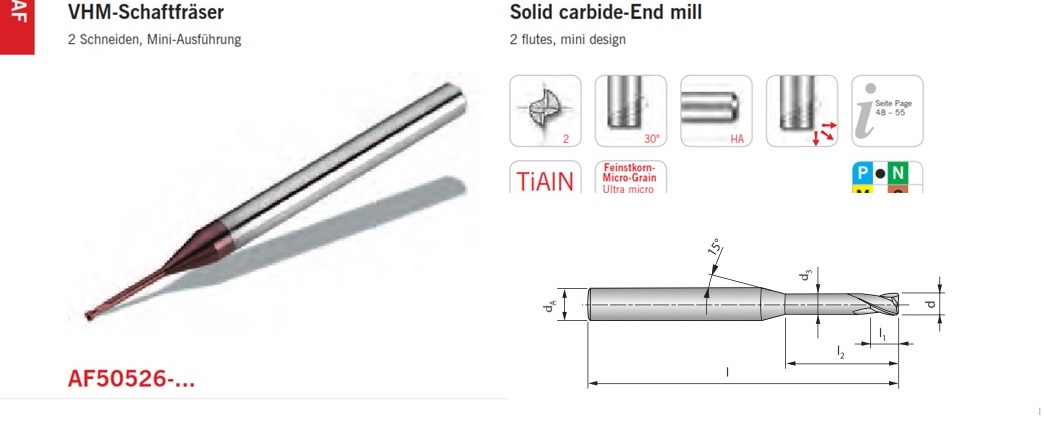 Dao phay ngón hợp kim loại EndMill đướng kính D.4 đến D25.0, lớp phủ TiAlN Cắt cho vật liệu thép, gang đúc