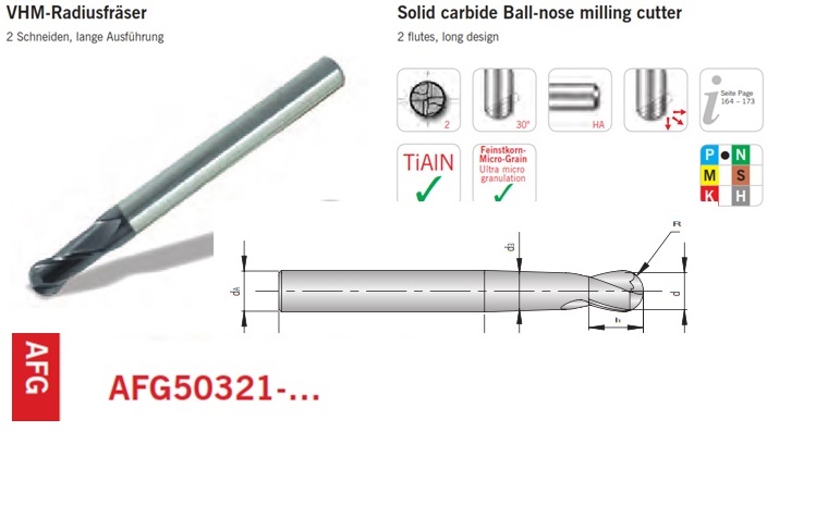 Dao phay cầu, đướng kính cắt D0.2 đến D12.0 lớp phủ TiAlN  Cắt cho thép có độ cứng tới 50 Hrc.