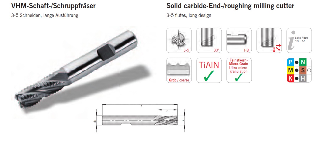 Dao phay ngón hợp kim loại EndMill  cắt thô, đướng kính D6.0 đến D25.0, lớp phủ TiAlN Cắt cho vật liệu thép và gang  đúc.